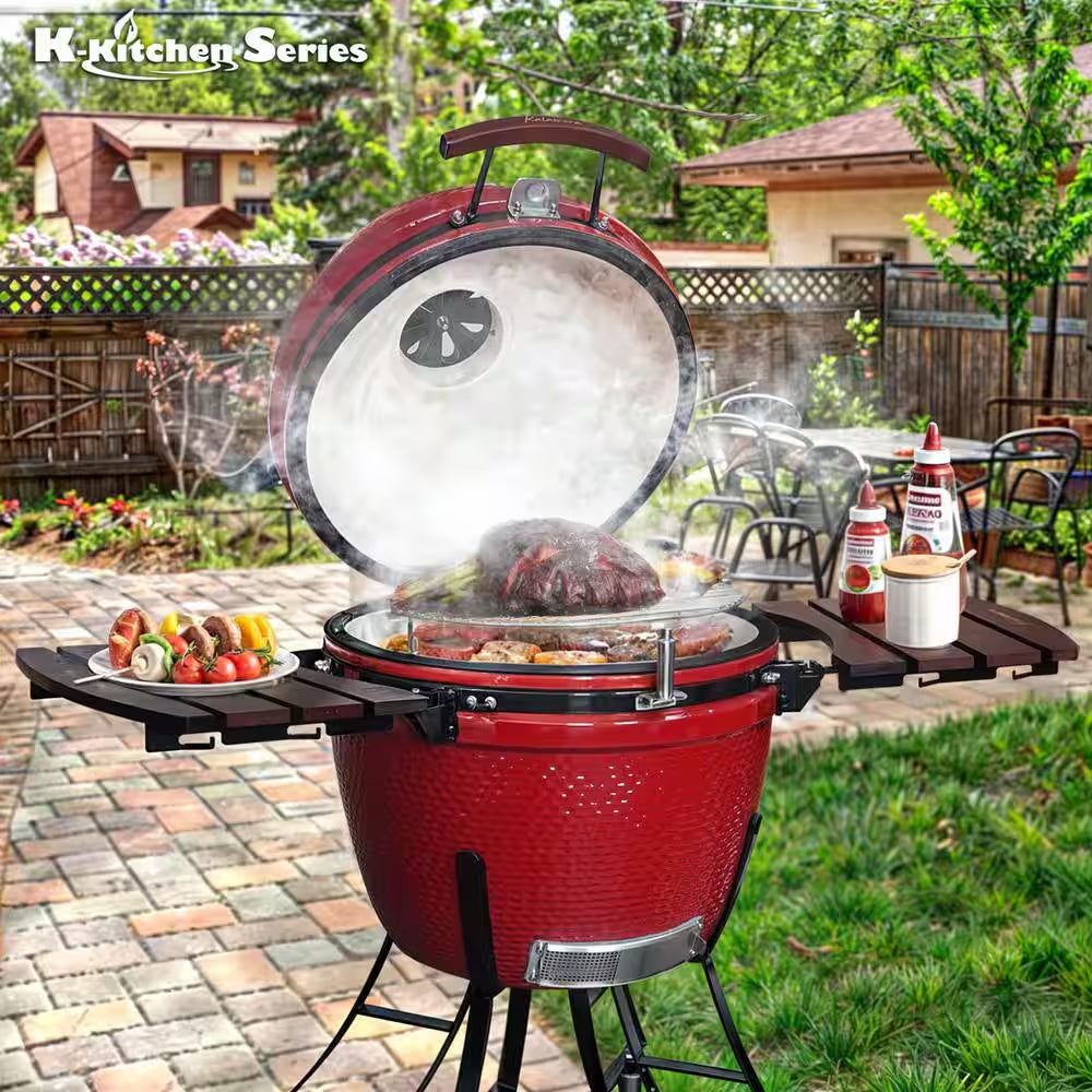 24 In. Kamado Ceramic Charcoal Grill in Red with Cart and Side-Wings
