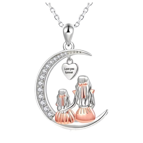 Fashion Mom Daughter Moon Pendant Necklace Love You Forever Heart Necklaces Mothers Day Jewelry Gifts