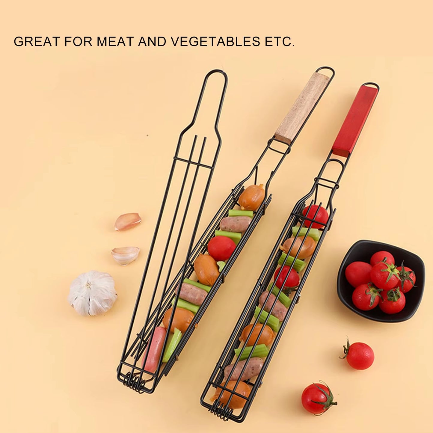 Portable Kabob Grilling Basket Set Nonstick Larger Capacity Barbecue Grate Stainless Steel Construction for Outdoor Grilling
