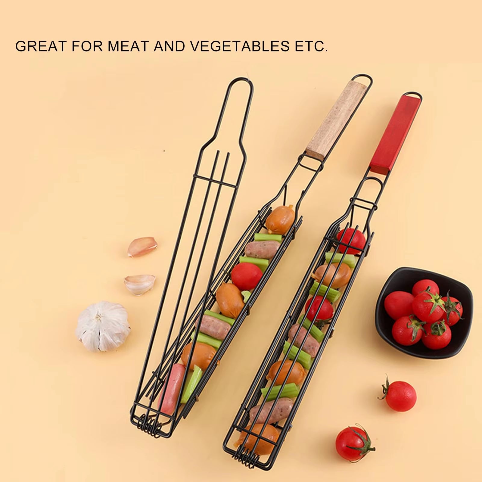 Portable Kabob Grilling Basket Set Nonstick Larger Capacity Barbecue Grate Stainless Steel Construction for Outdoor Grilling