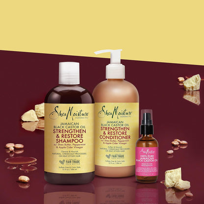 Sheamoisture Strengthen and Restore Shampoo, Conditioner & Head-To-Toe Restoration Body Care Oil Jamaican Black Castor Oil for Dry Skin & Hair Skin and Hair Care Regimen with Shea Butter