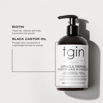 Tgin Miracle Repairx Protective Leave in Conditioner for Curly, Coily, Wavy Hair Includes Biotin, Black Castor Oil, Repairs, Restores Damaged, Color-Treated Hair, 13 Oz