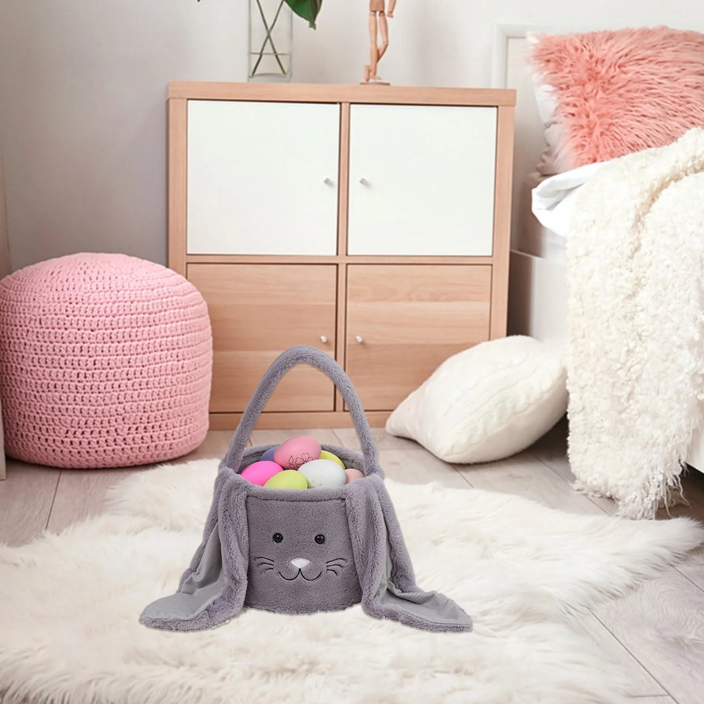 Easter Basket Plush Easter Bunny Long Ears Bags Easter Basket Rabbit Buckets Easter Tote Bags Children Gift Storage Handbag Easter Basket Stuffers