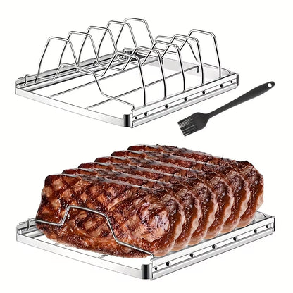 2Pcs Stainless Steel Rib Rack Set Collapsible 4-Slot BBQ Smoker Rack with Oil Brush for Outdoor Cooking Party Barbecue Tools