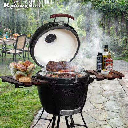 24 In. Kamado Ceramic Charcoal Grill in Black with Cart and Side-Wings