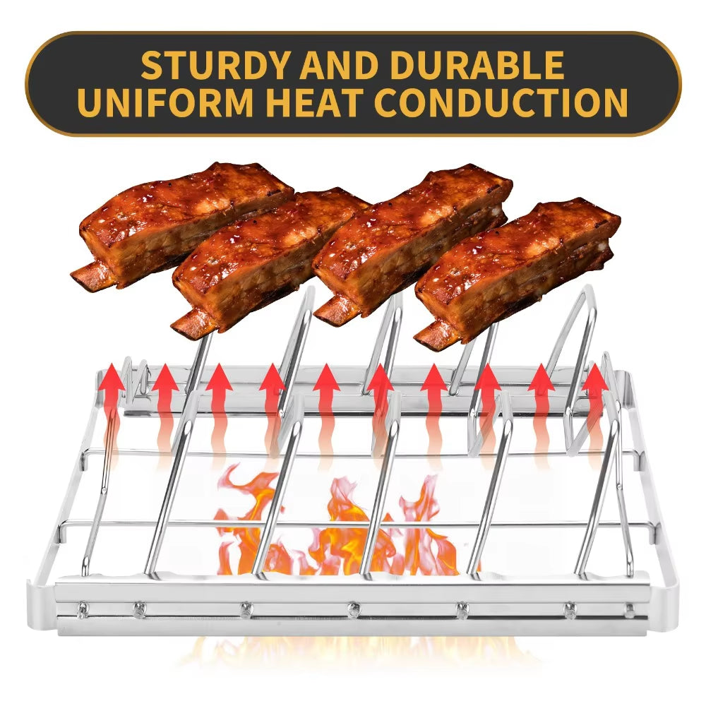2Pcs Stainless Steel Rib Rack Set Collapsible 4-Slot BBQ Smoker Rack with Oil Brush for Outdoor Cooking Party Barbecue Tools