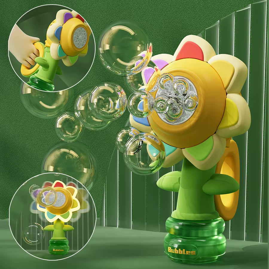Cute Seven Color Sunflower Bubbles Shake Head Soap Bubbles Swing Light Automatic Blowing Handheld Bubble Machine Kids Toys