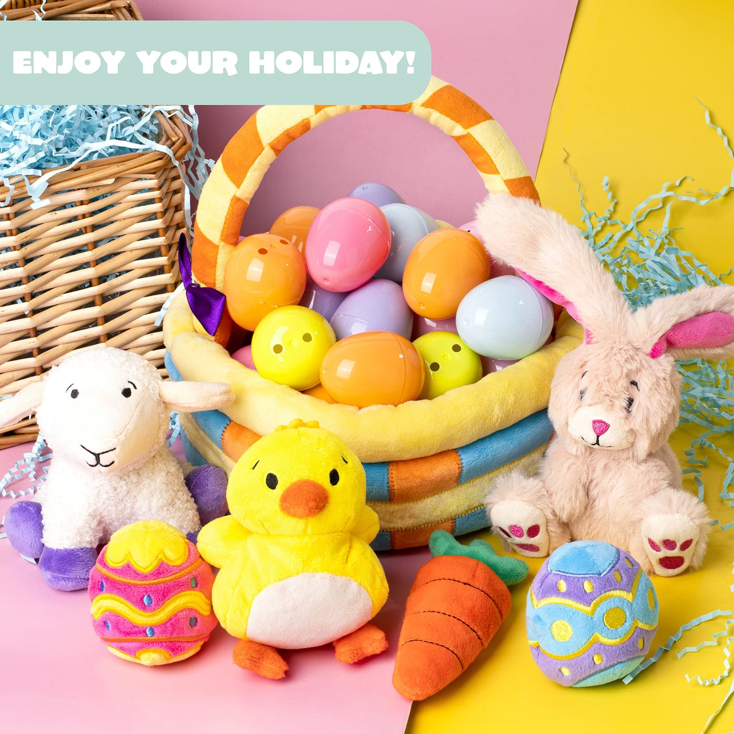 7 Pcs Easter Basket,Easter Toys,Easter Bunny Playset Stuffers Plushies Basket Fillers for Party Favor, Soft Plush for Toddler & Kids of All Ages
