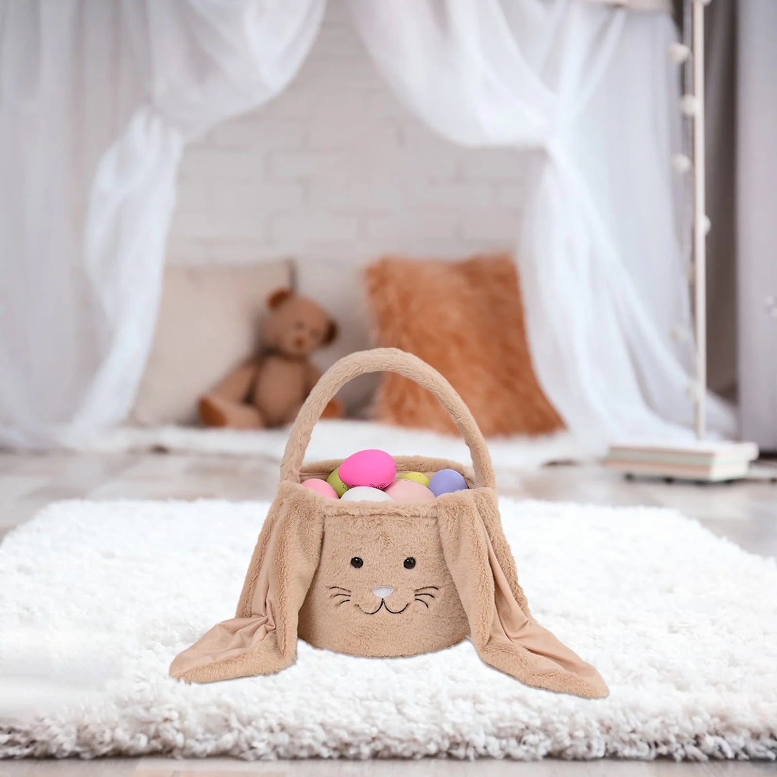 Easter Basket Plush Easter Bunny Long Ears Bags Easter Basket Rabbit Buckets Easter Tote Bags Children Gift Storage Handbag Easter Basket Stuffers