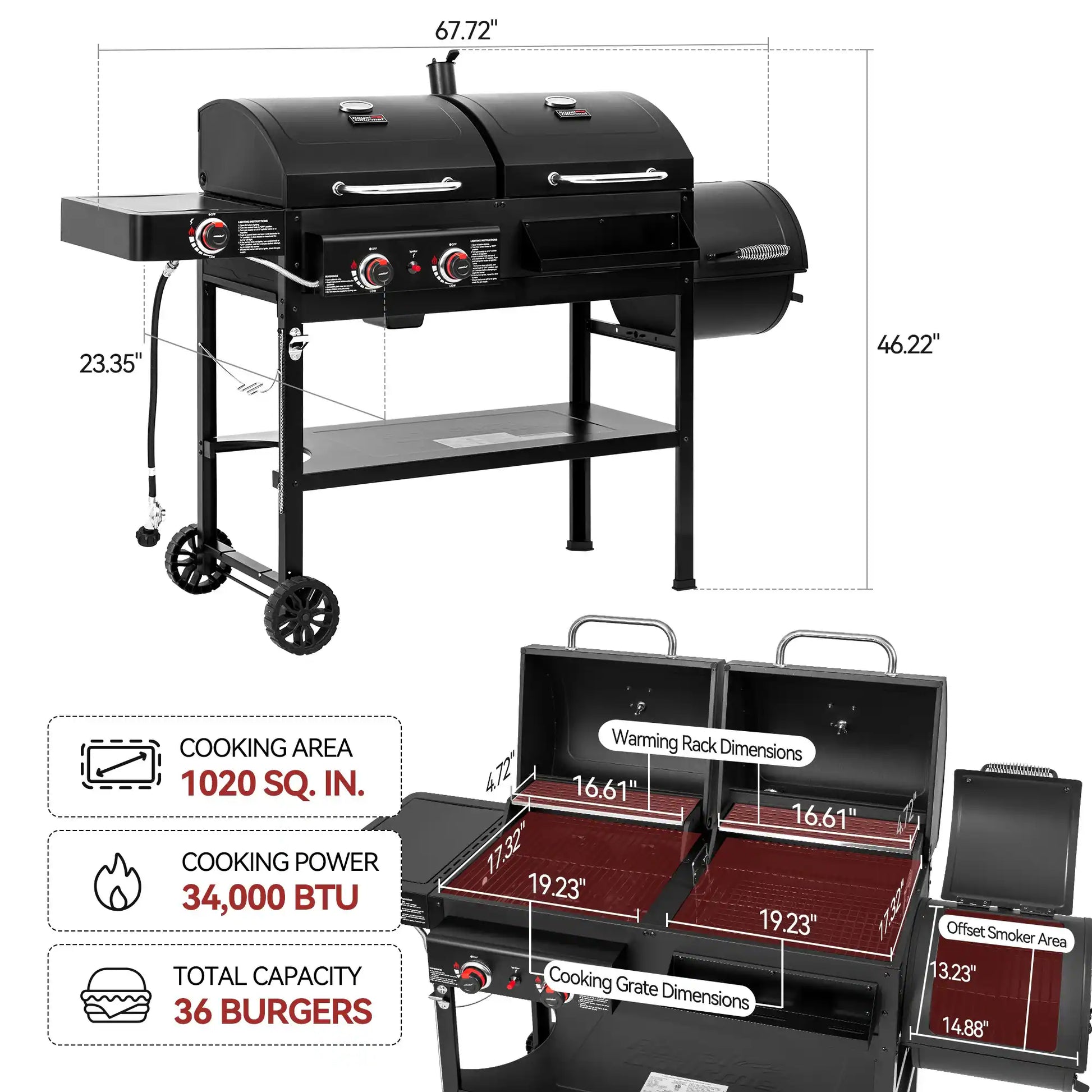 Royal Gourmet 2-Burner Gas and Charcoal Combo Grill with Offset Smoker, 34,000 BTU Dual Fuel Grill