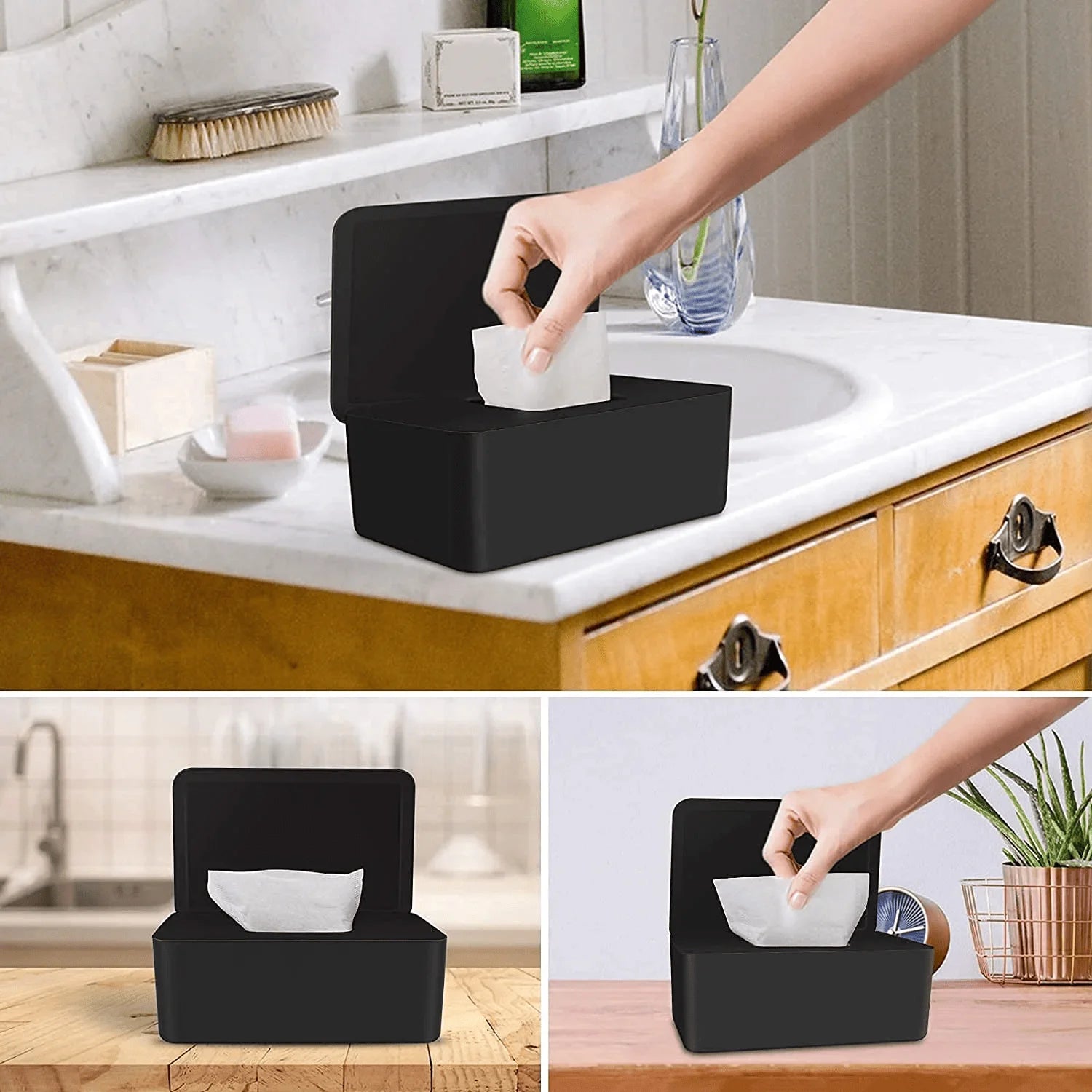Wipes Dispenser, Portable Baby Wipes Holders Tissue Storage Box with Lid, Reusable Wipes Container Dustproof Tissues Wipes Case to Keep Wipe Fresh (Black)