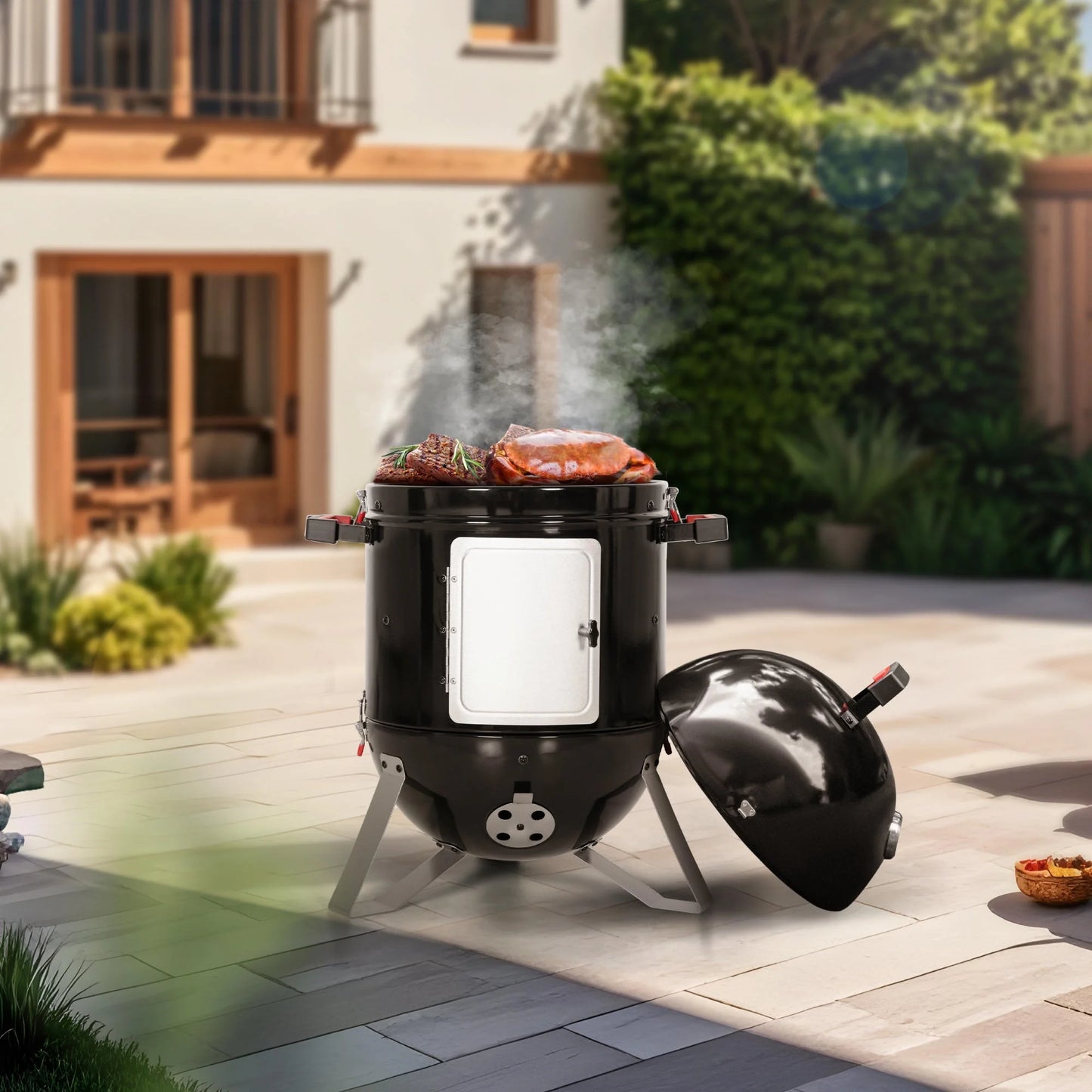 18-Inch Vertical Charcoal Smoker Grill with Porcelain-Enameled Smoking Chamber, Black