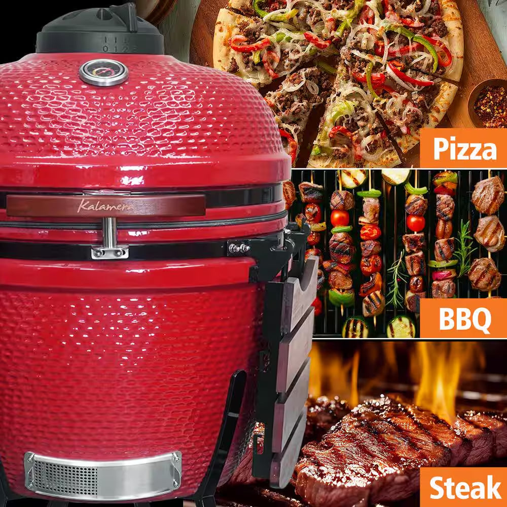 24 In. Kamado Ceramic Charcoal Grill in Red with Cart and Side-Wings