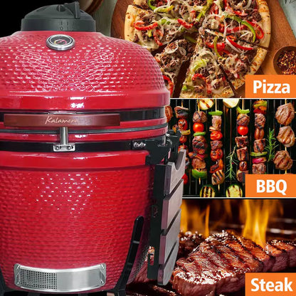 24 In. Kamado Ceramic Charcoal Grill in Red with Cart and Side-Wings