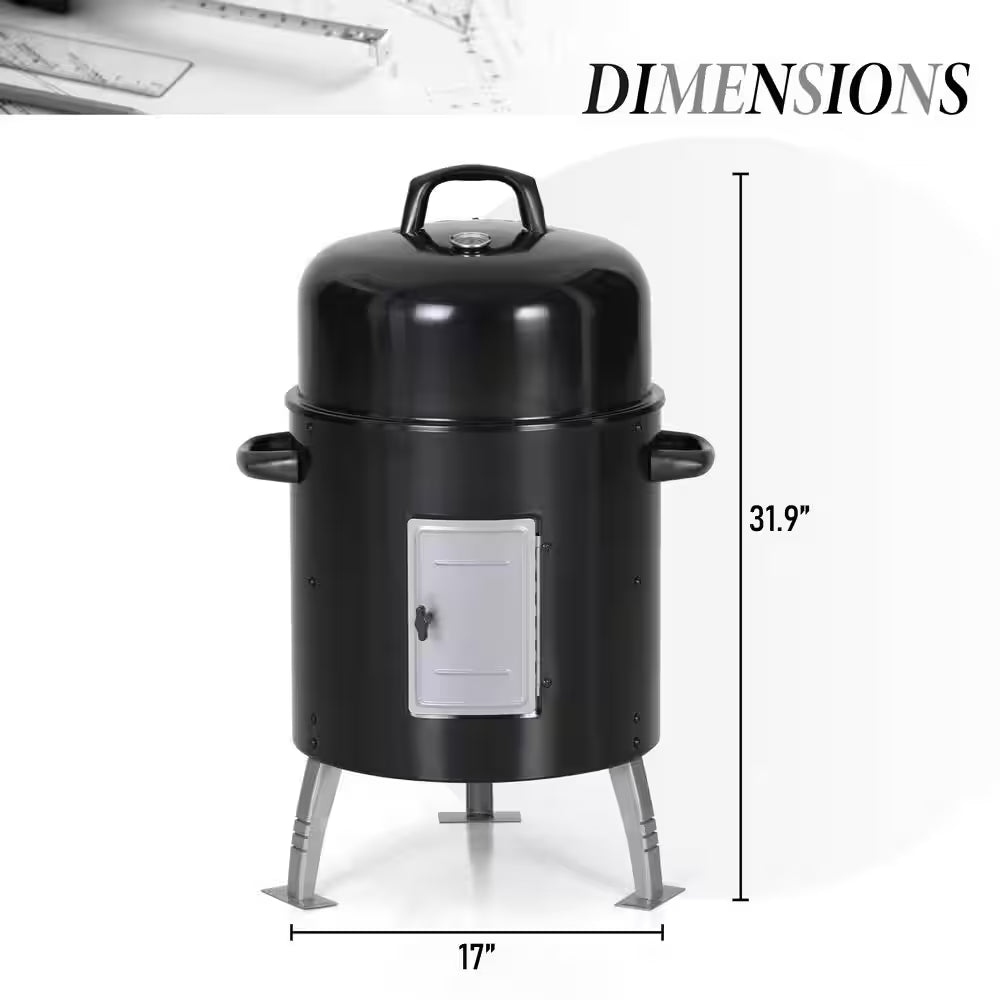 17 In. Charcoal Smoker in Black with Built-In Thermometer