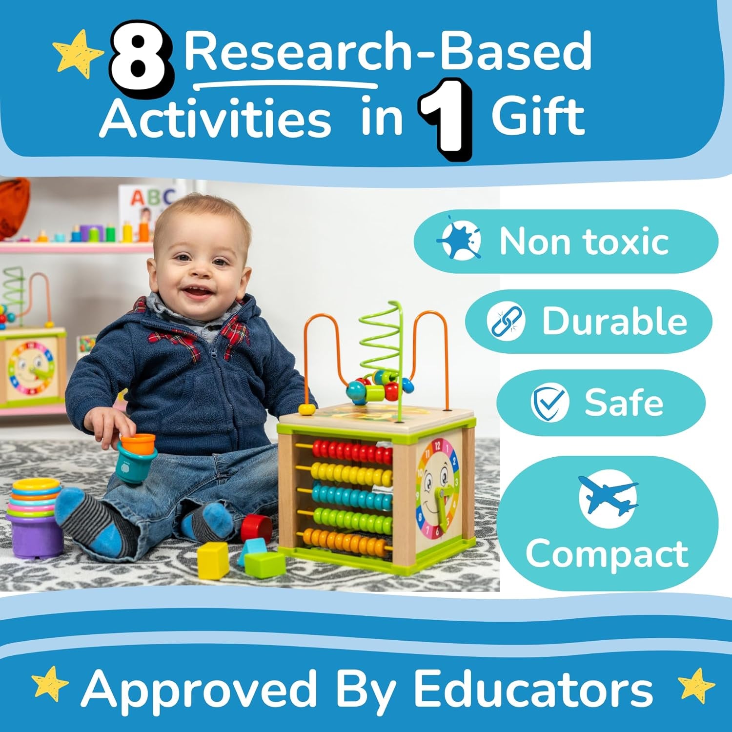 Wooden Kids Baby Activity Cube - Girls Gift Set | 1St Birthday Gifts Toys for 1 One, 2 Year Old Girl | Developmental Toddler Educational Learning Girl Toys 12-18 Months | Bead Maze