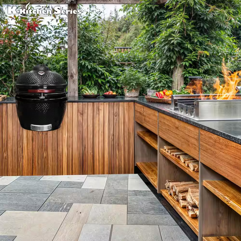 24 In. Kamado Ceramic Charcoal Grill in Black with Cart and Side-Wings