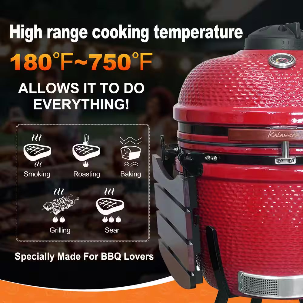24 In. Kamado Ceramic Charcoal Grill in Red with Cart and Side-Wings