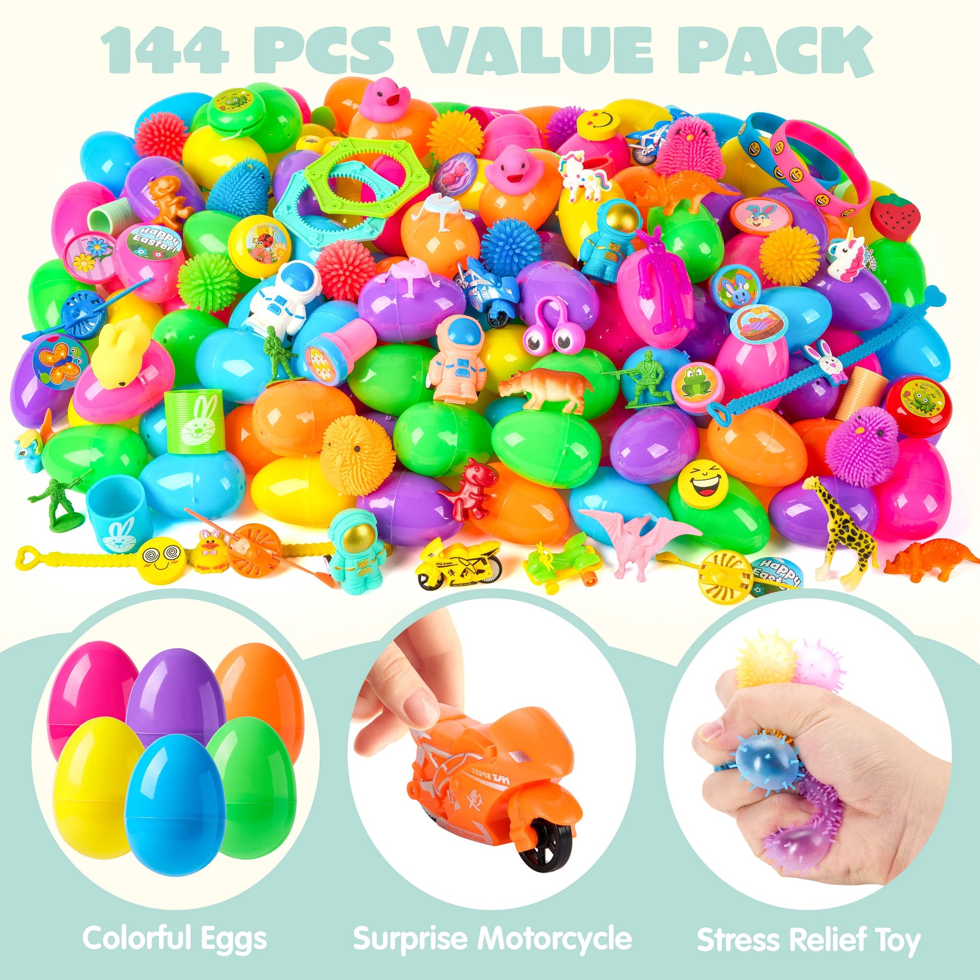144 Packs Prefilled Easter Egg,Easter Egg with Toys Inside,Easter Basket Stuffers for Kids Easter Basket Classroom Exchange Toddler Boys Girls