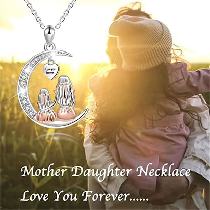 Fashion Mom Daughter Moon Pendant Necklace Love You Forever Heart Necklaces Mothers Day Jewelry Gifts