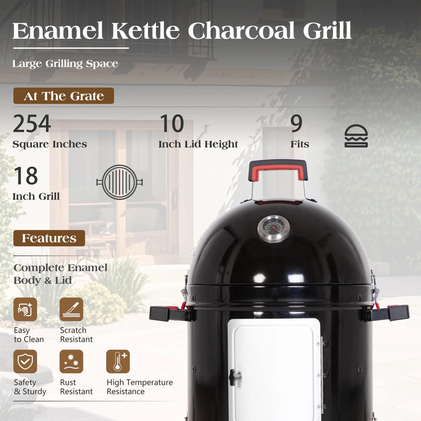 18-Inch Vertical Charcoal Smoker Grill with Porcelain-Enameled Smoking Chamber, Black