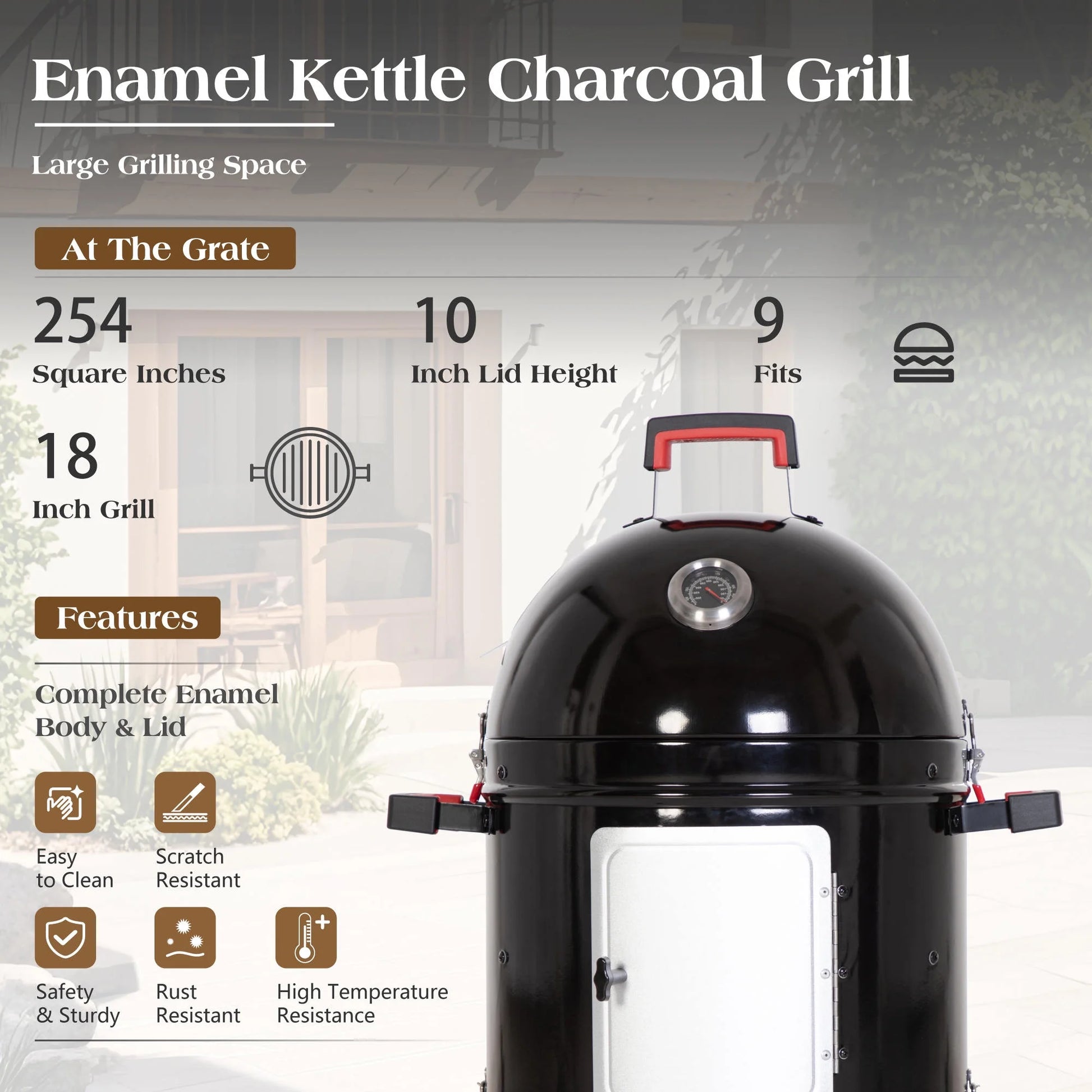 18-Inch Vertical Charcoal Smoker Grill with Porcelain-Enameled Smoking Chamber, Black
