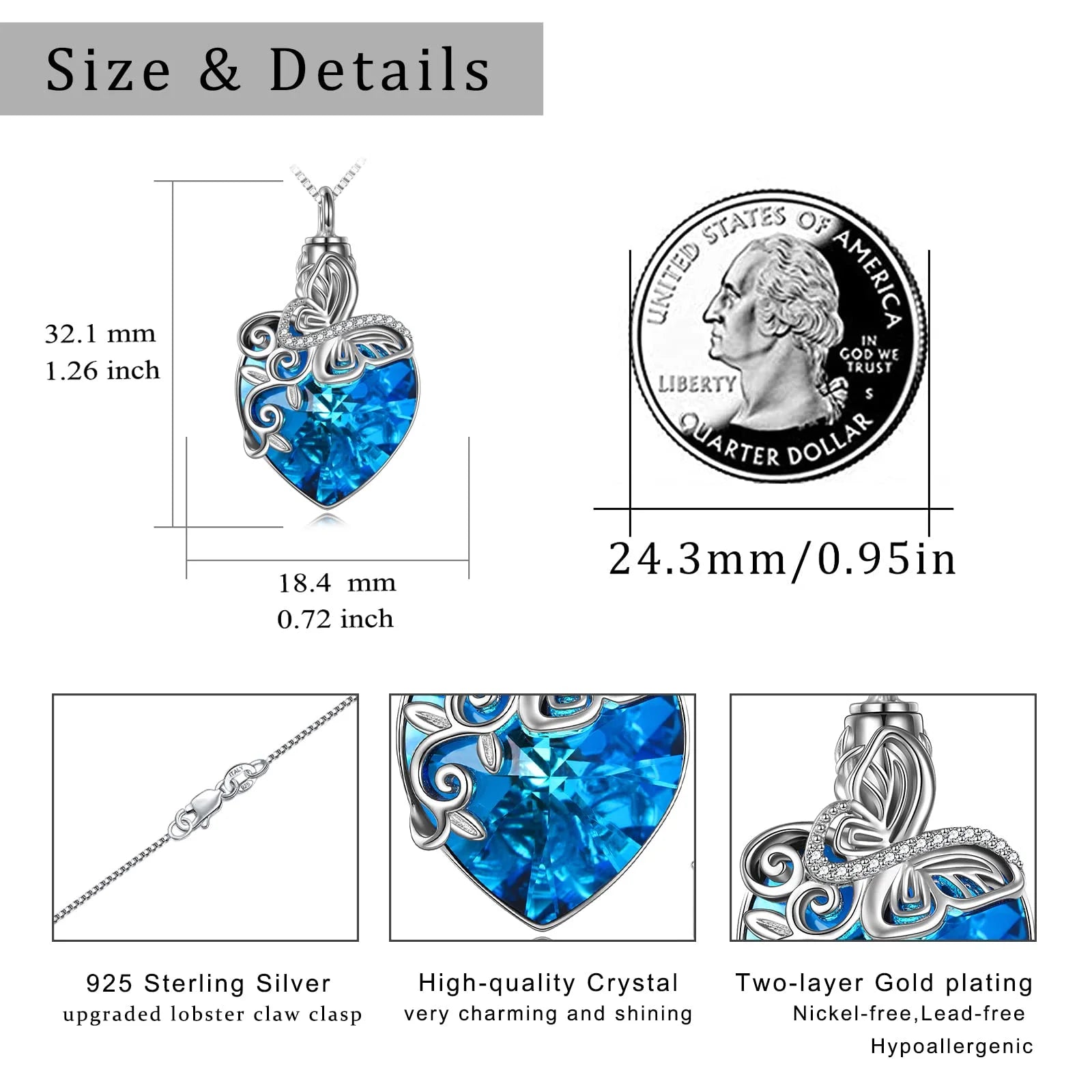 Sterling Silver Butterfly Urn Pendant Necklace with Crystal Birthday Anniversary Mothers Day Gifts for Women