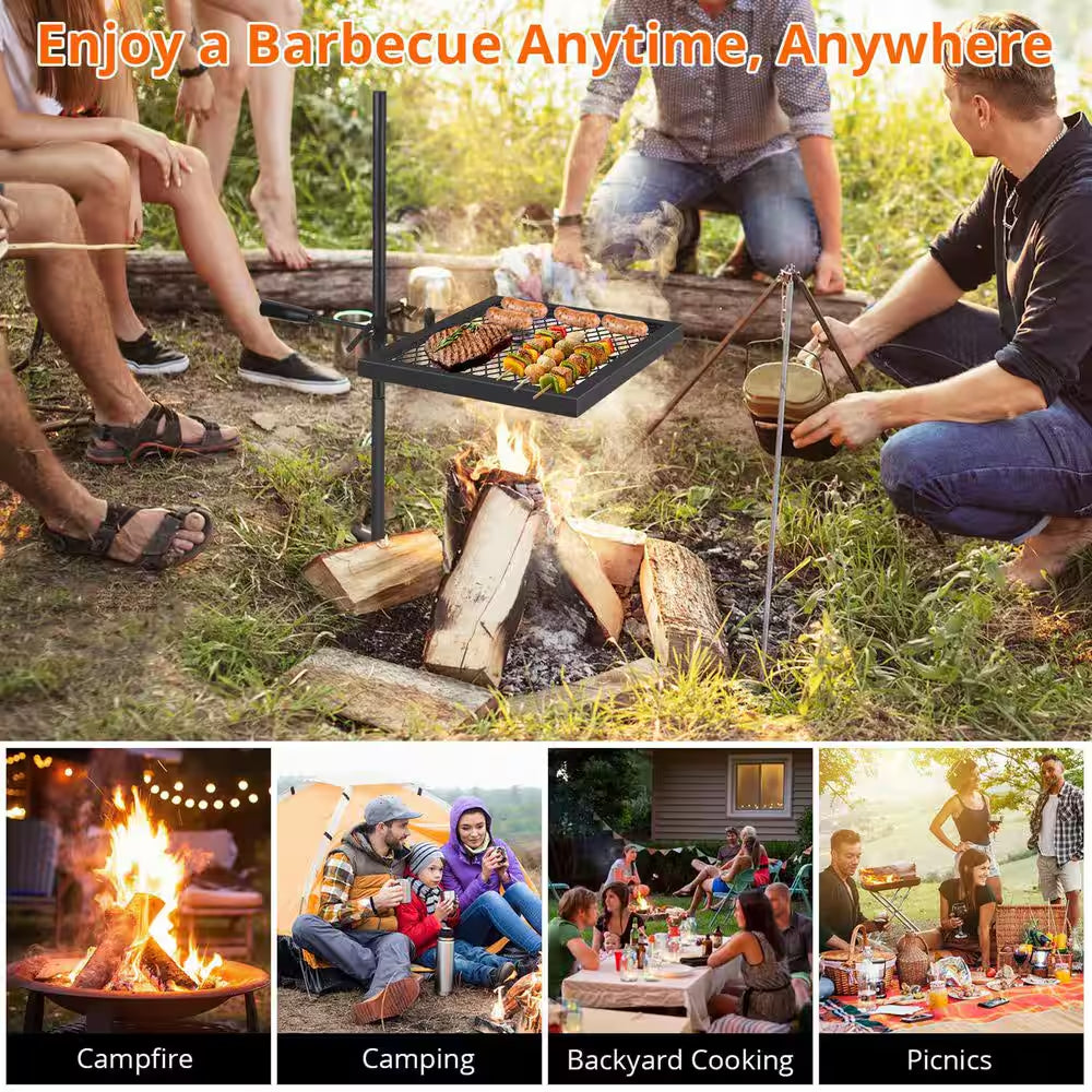 Swivel Campfire Grill Grate, over Fire Camp Grill with Carry Bag for Outdoor Open Flame Cooking