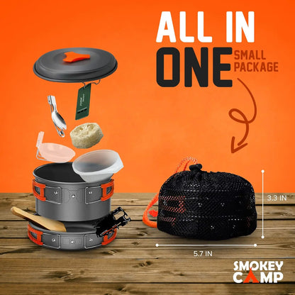 Camping Cookware Mess Kit Set with Stove - Backpacking Camping Pots and Pans Set All in One Non-Stick Camping Cooking Set Portab