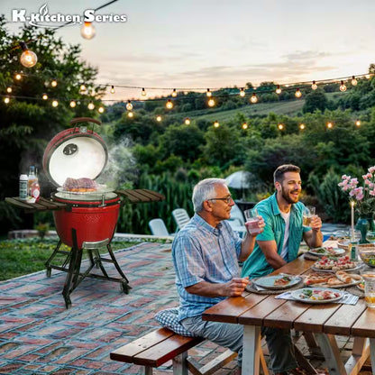 24 In. Kamado Ceramic Charcoal Grill in Red with Cart and Side-Wings