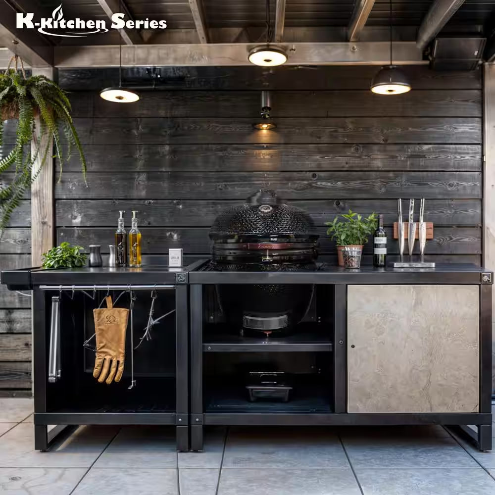 24 In. Kamado Ceramic Charcoal Grill in Black with Cart and Side-Wings