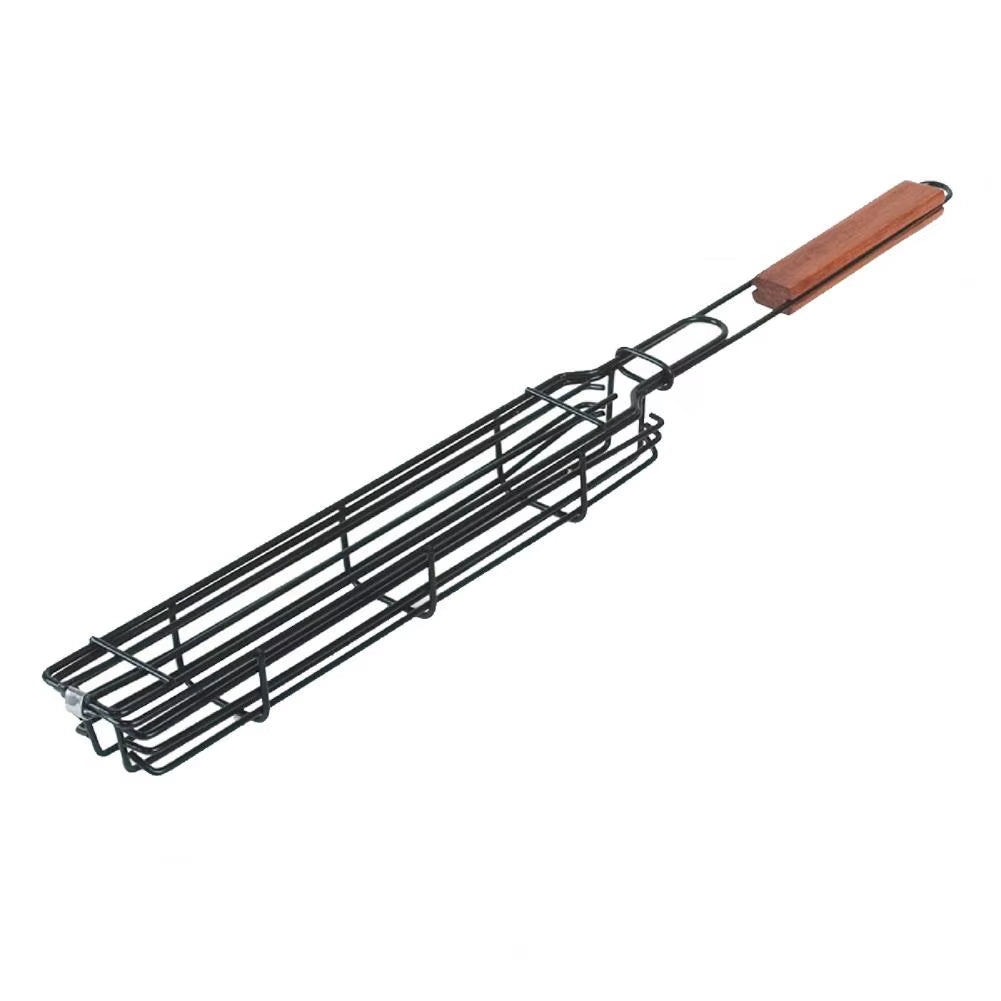 BBQ Grilling Basket Stainless Steel Portable Non-Stick Wooden Handle Grilling Baskets Vegetables Meat Hot Dog BBQ Grill Net