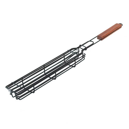 BBQ Grilling Basket Stainless Steel Portable Non-Stick Wooden Handle Grilling Baskets Vegetables Meat Hot Dog BBQ Grill Net