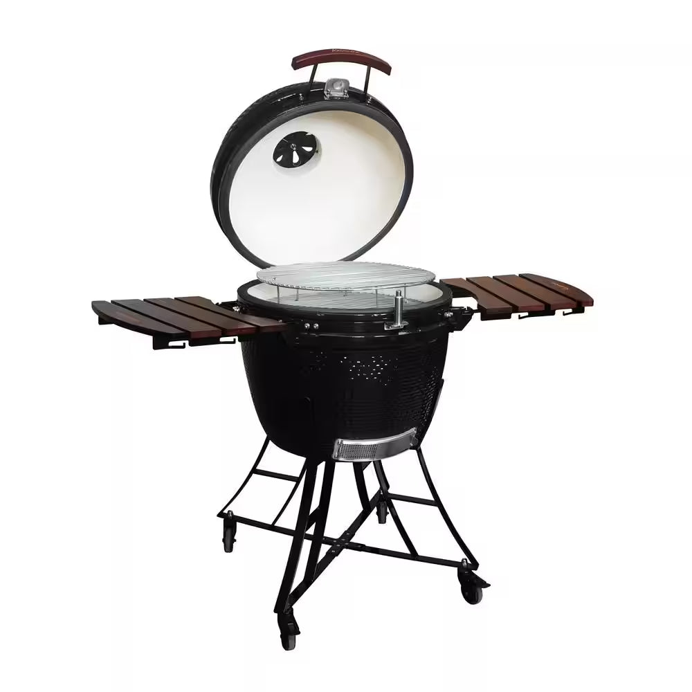24 In. Kamado Ceramic Charcoal Grill in Black with Cart and Side-Wings