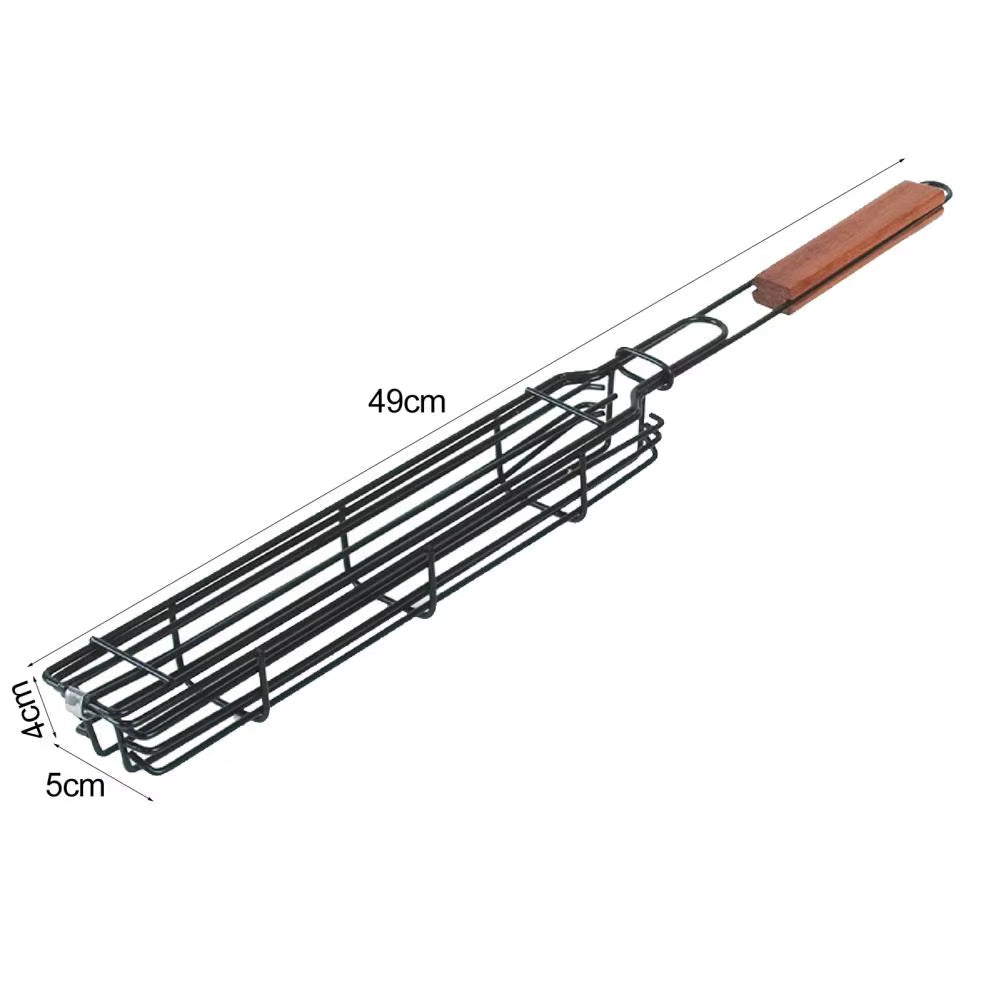 BBQ Grilling Basket Stainless Steel Portable Non-Stick Wooden Handle Grilling Baskets Vegetables Meat Hot Dog BBQ Grill Net