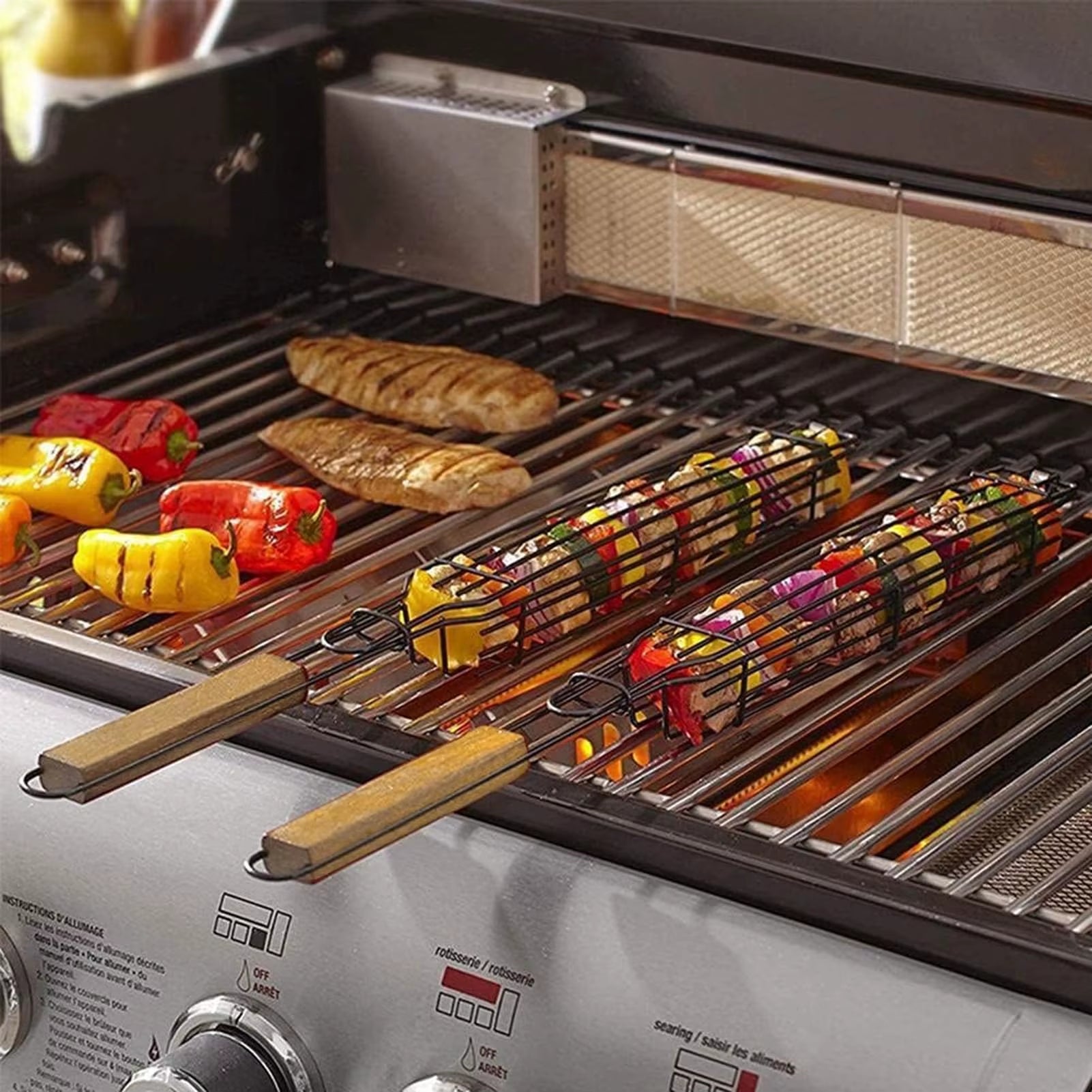 Portable Kabob Grilling Basket Set Nonstick Larger Capacity Barbecue Grate Stainless Steel Construction for Outdoor Grilling