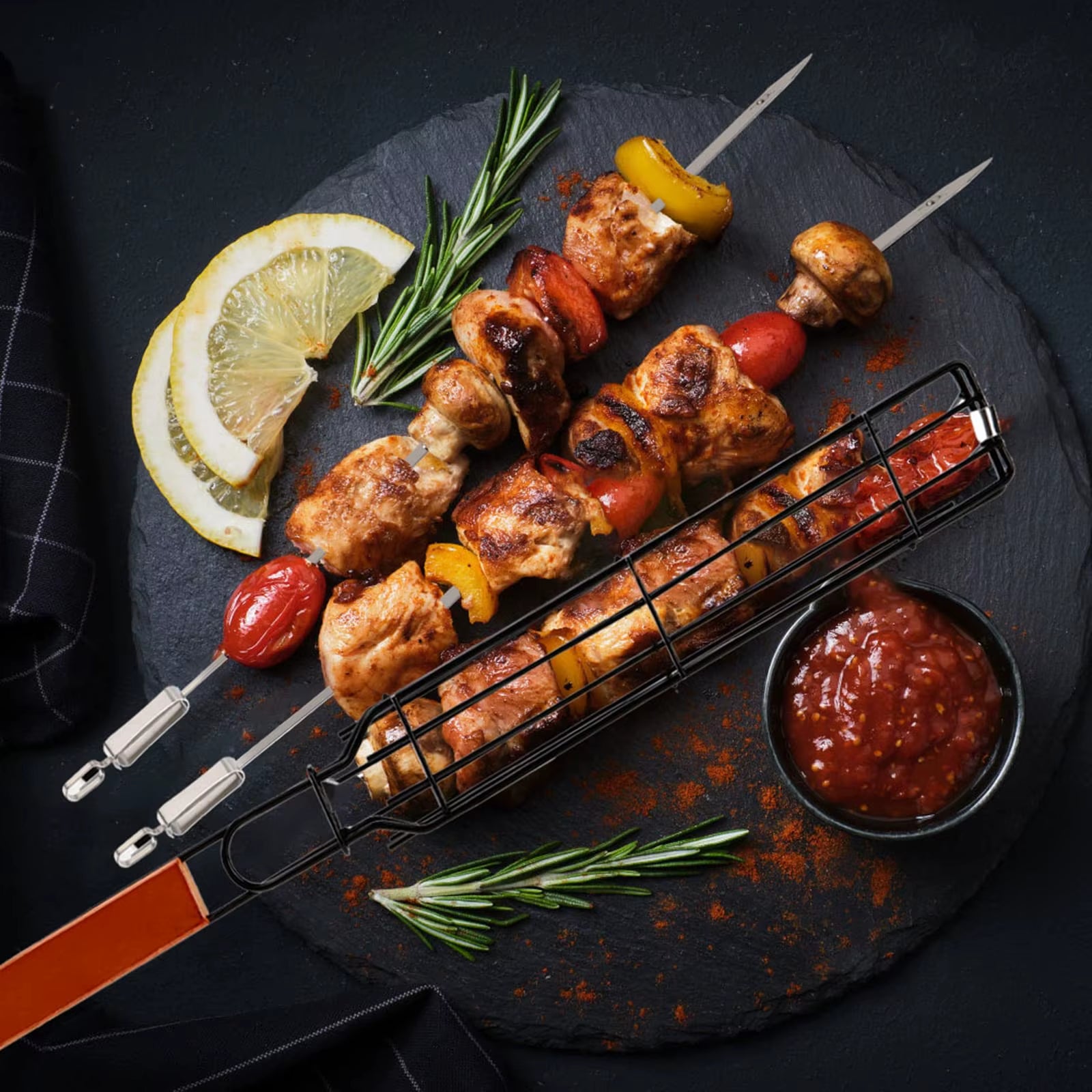 Portable Kabob Grilling Basket Set Nonstick Larger Capacity Barbecue Grate Stainless Steel Construction for Outdoor Grilling