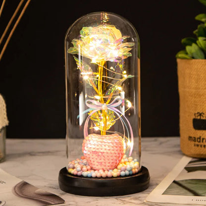HOT Red Rose with LED Light in Glass Dome Rose in Flask Beauty and the Beast for Wedding Party Decoration Anniversary Lover Gift
