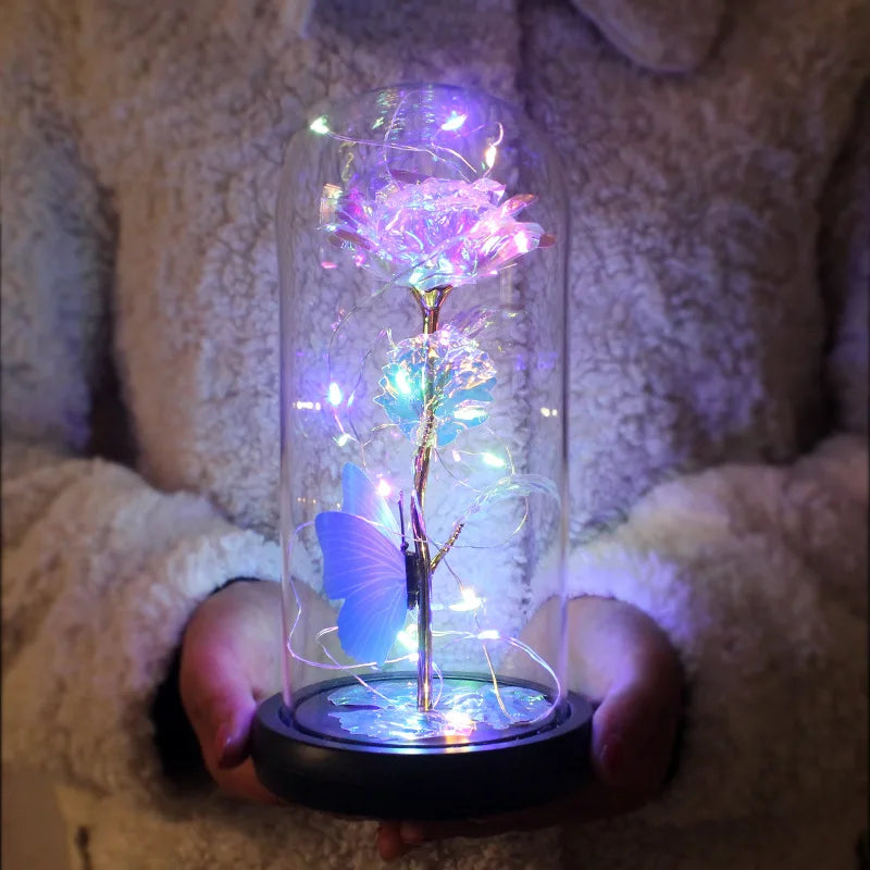 HOT Red Rose with LED Light in Glass Dome Rose in Flask Beauty and the Beast for Wedding Party Decoration Anniversary Lover Gift