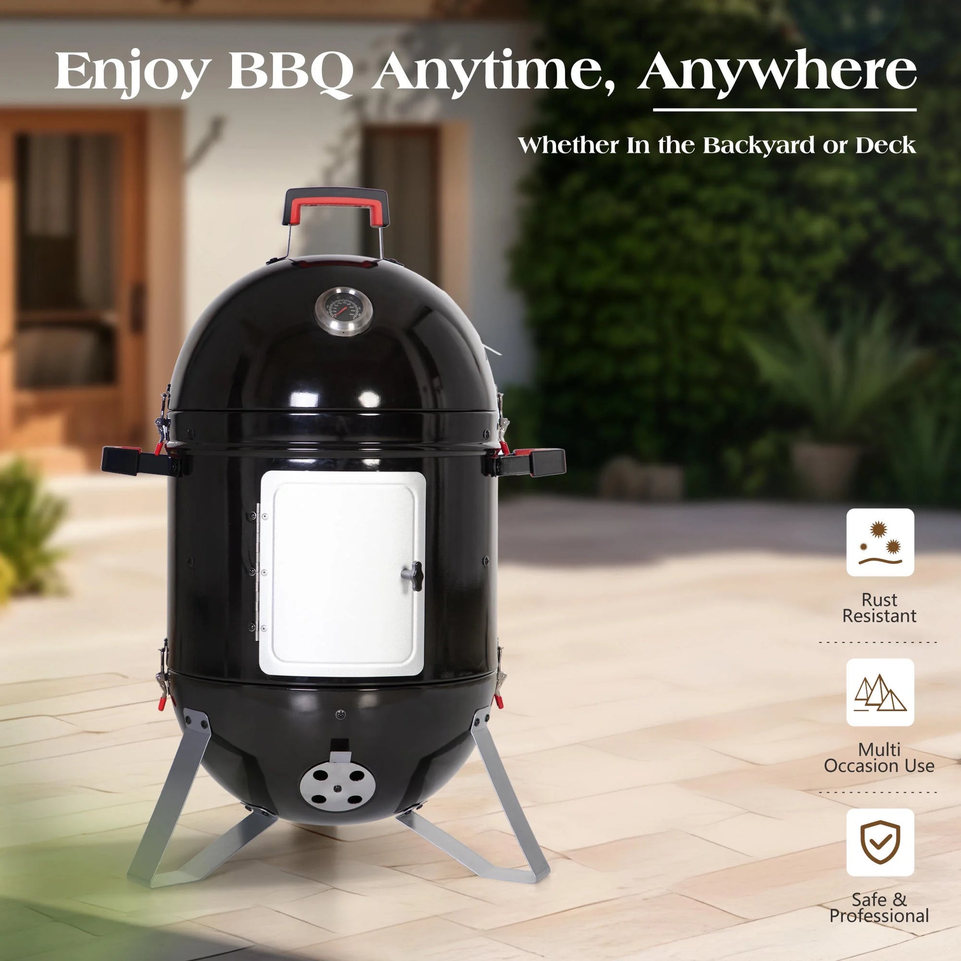 18-Inch Vertical Charcoal Smoker Grill with Porcelain-Enameled Smoking Chamber, Black