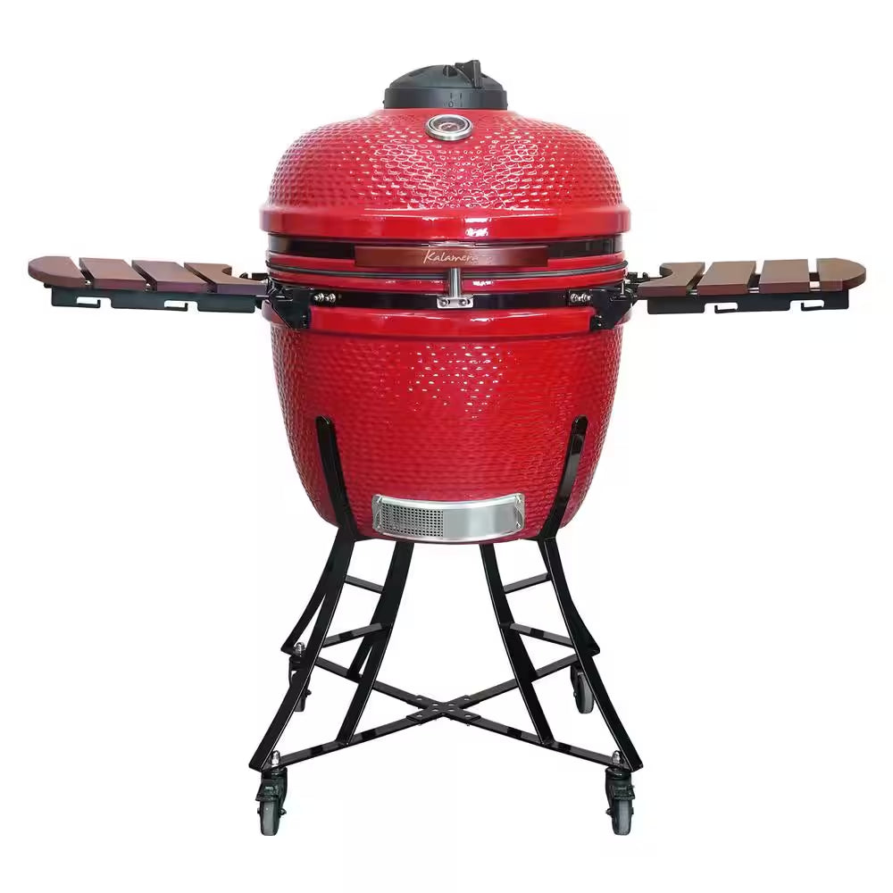 24 In. Kamado Ceramic Charcoal Grill in Red with Cart and Side-Wings