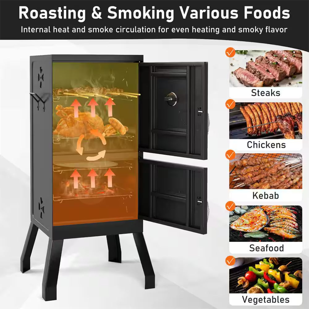 Vertical Charcoal Smoker BBQ Barbecue Grill with Temperature Gauge Outdoor Black
