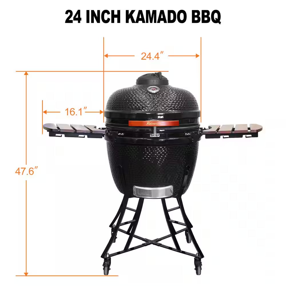 24 In. Kamado Ceramic Charcoal Grill in Black with Cart and Side-Wings