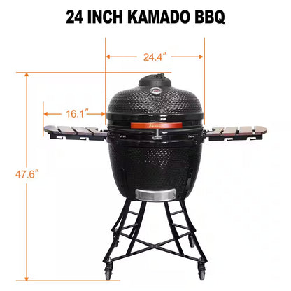 24 In. Kamado Ceramic Charcoal Grill in Black with Cart and Side-Wings