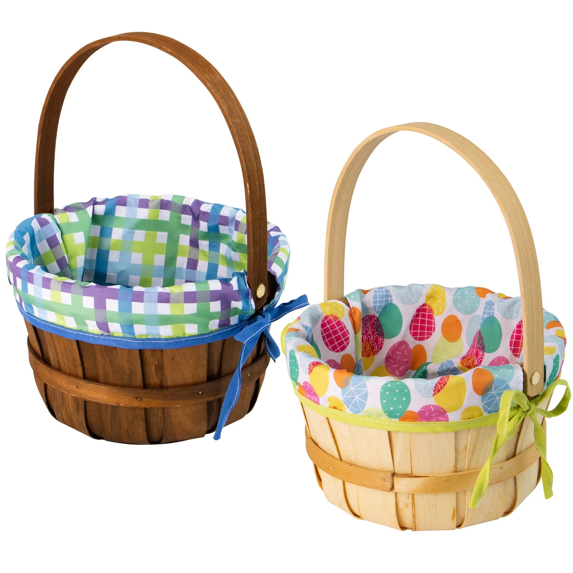 2 Pcs Easter Baskets,Easter Woven Woodchip Basket with Lining,Handmade Wicker Easter Basket with Handle for Easter Egg Hunt,Picnic