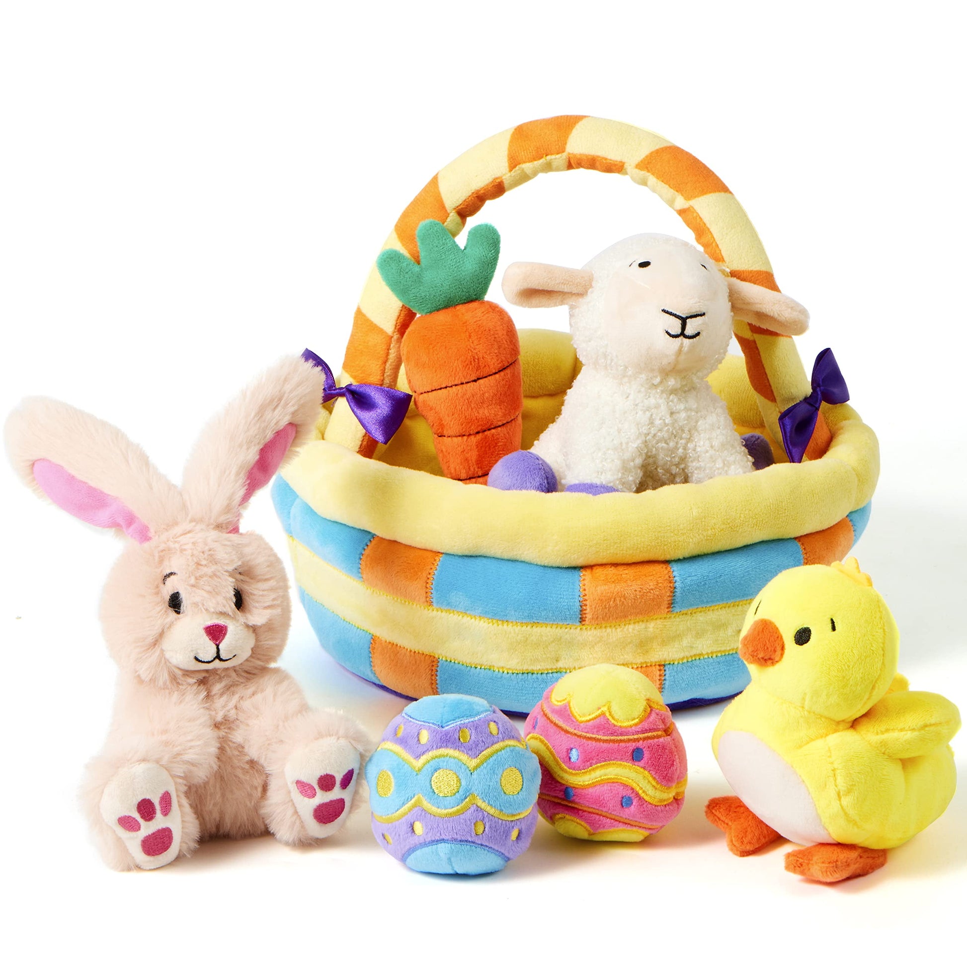 7 Pcs Easter Basket,Easter Toys,Easter Bunny Playset Stuffers Plushies Basket Fillers for Party Favor, Soft Plush for Toddler & Kids of All Ages