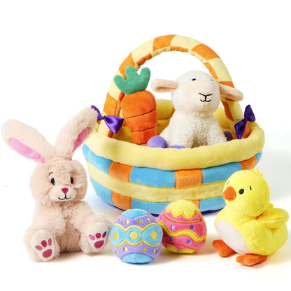 7 Pcs Easter Basket,Easter Toys,Easter Bunny Playset Stuffers Plushies Basket Fillers for Party Favor, Soft Plush for Toddler & Kids of All Ages