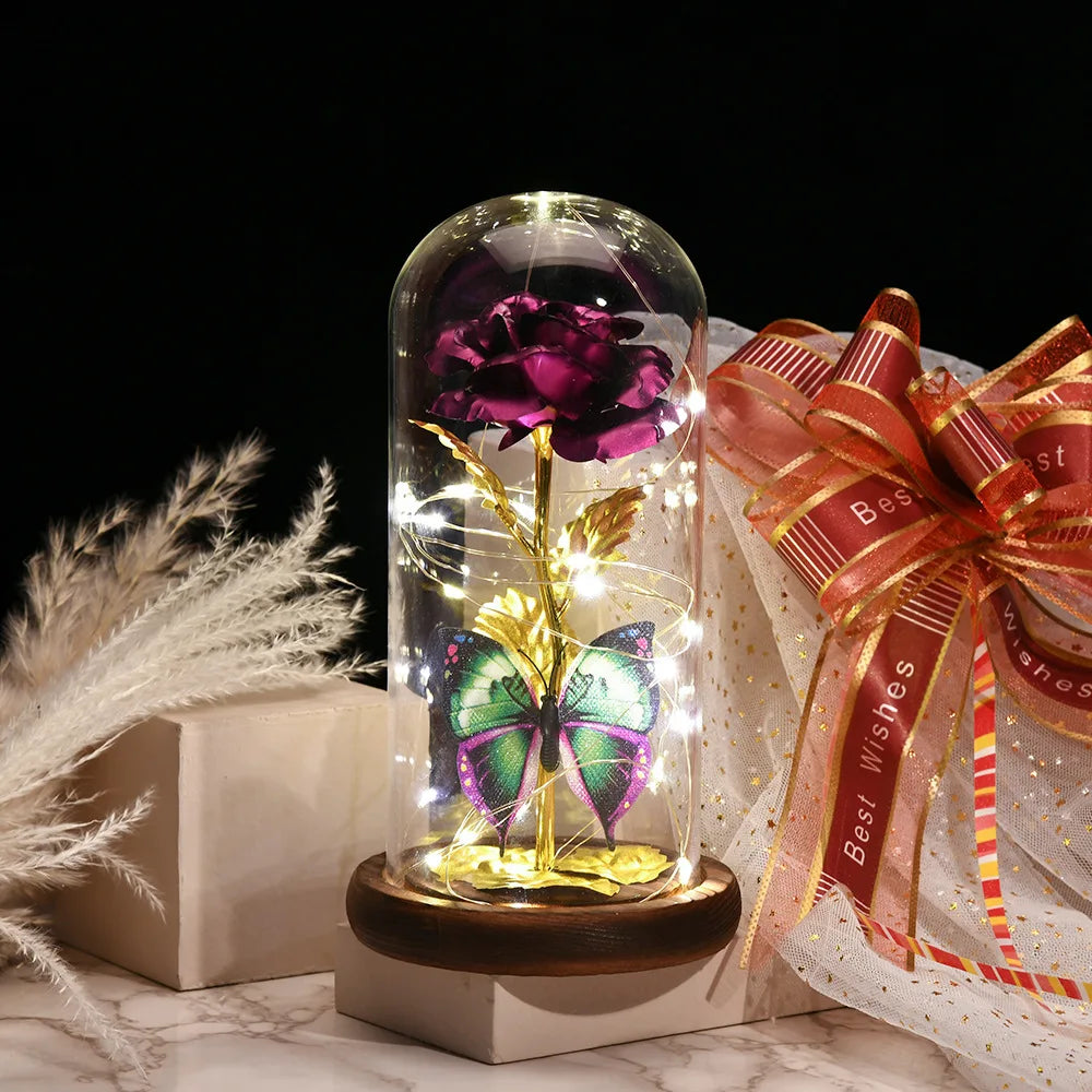 HOT Red Rose with LED Light in Glass Dome Rose in Flask Beauty and the Beast for Wedding Party Decoration Anniversary Lover Gift