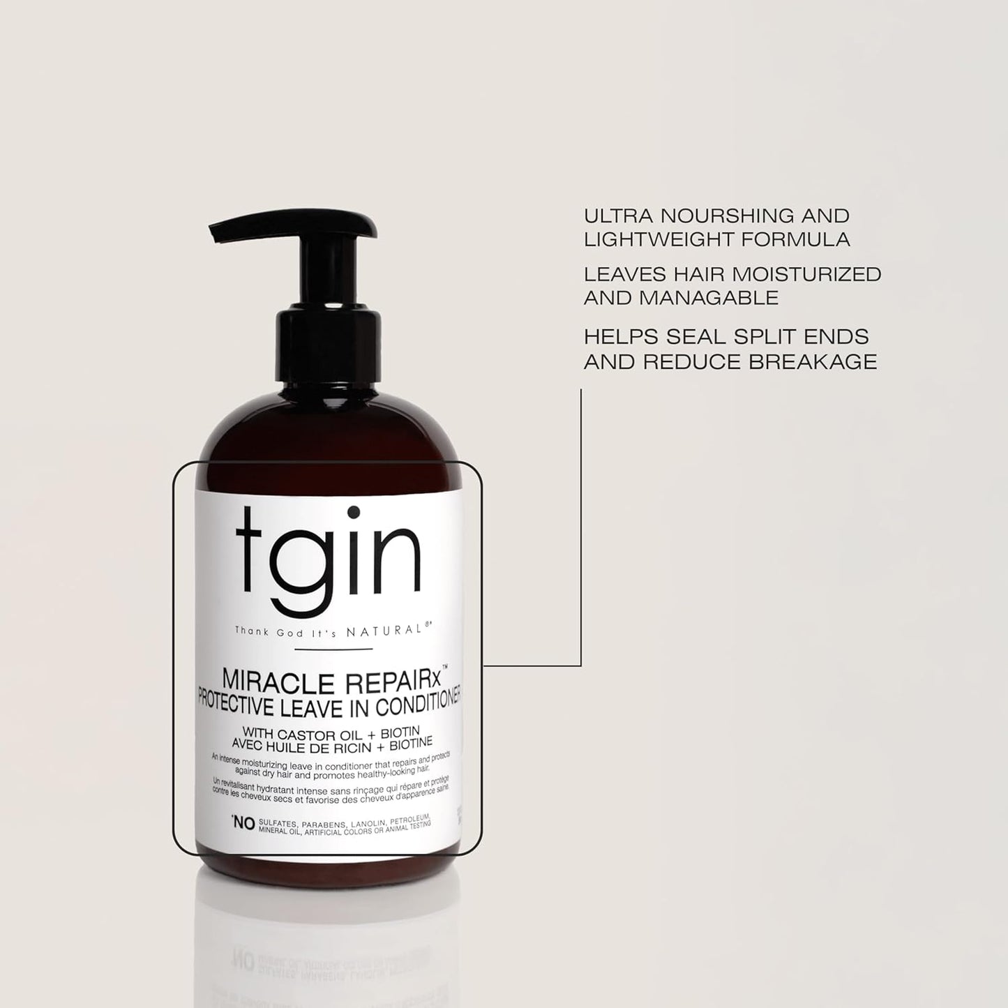 Tgin Miracle Repairx Protective Leave in Conditioner for Curly, Coily, Wavy Hair Includes Biotin, Black Castor Oil, Repairs, Restores Damaged, Color-Treated Hair, 13 Oz