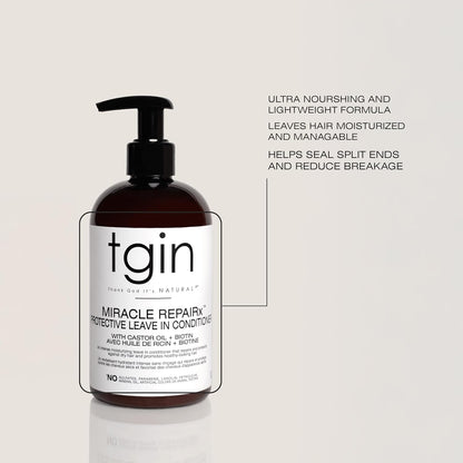 Tgin Miracle Repairx Protective Leave in Conditioner for Curly, Coily, Wavy Hair Includes Biotin, Black Castor Oil, Repairs, Restores Damaged, Color-Treated Hair, 13 Oz